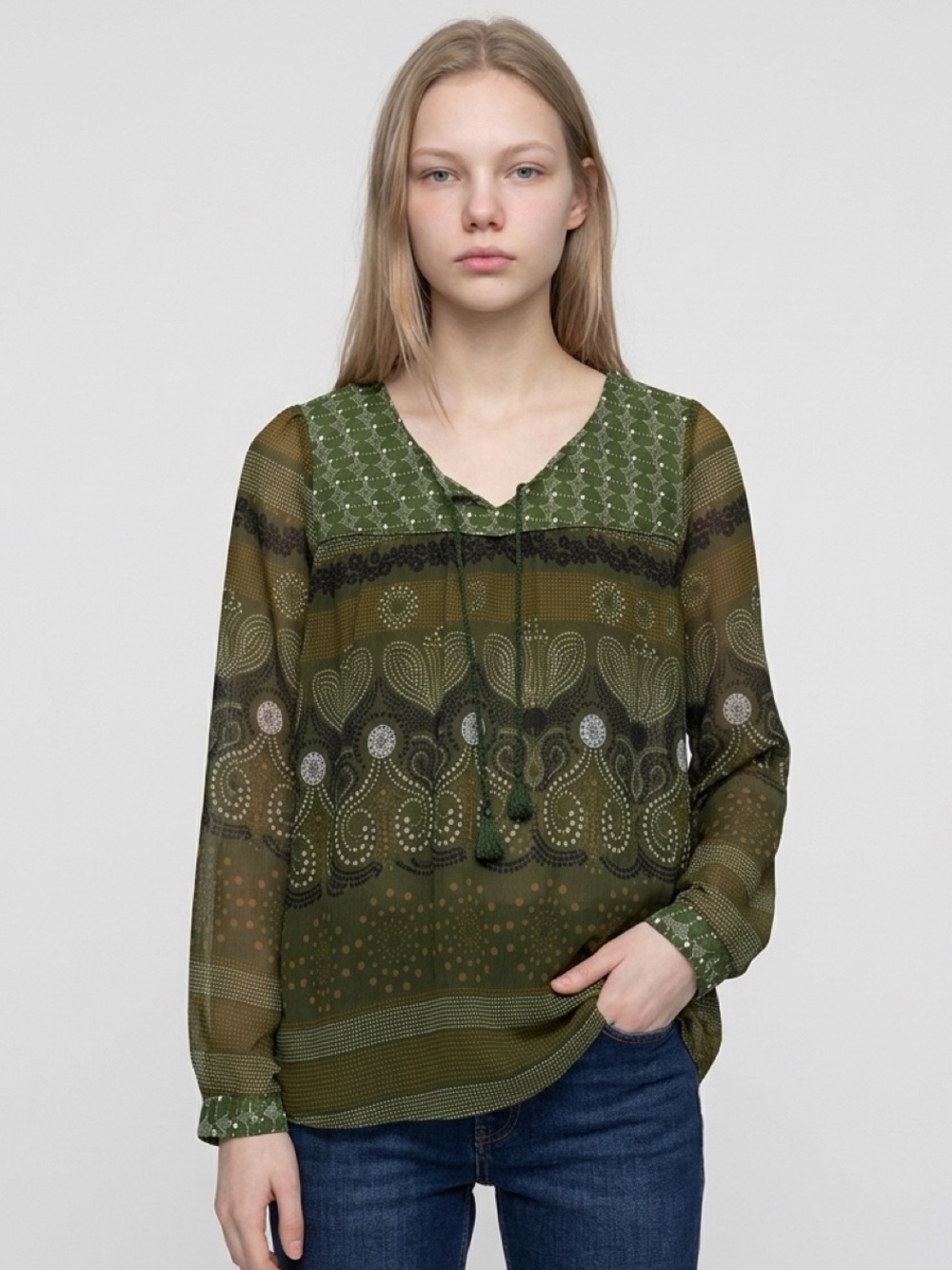 NWT Zara Large Olive Green Paisley Peasant Blouse